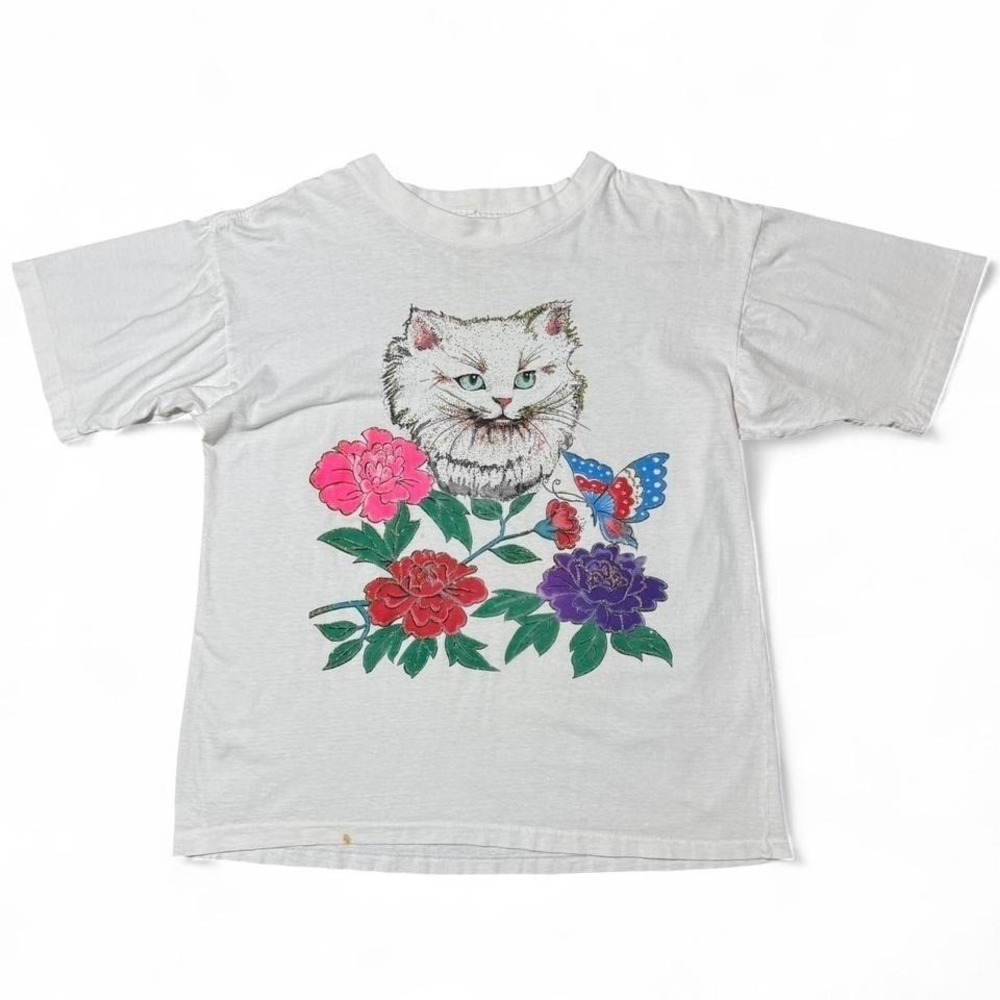 Vintage 90s Glitter Graphic Kitty Cat Kitten Flower Retro T-shirt Large 21x25"